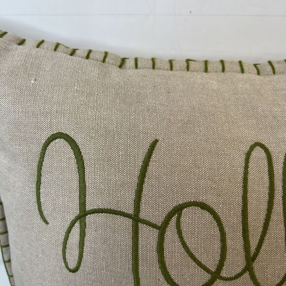 Holly Jolly Christmas Cotton Throw Toss Pillow Embroidered Khaki Green Crimson - Picture 3 of 9